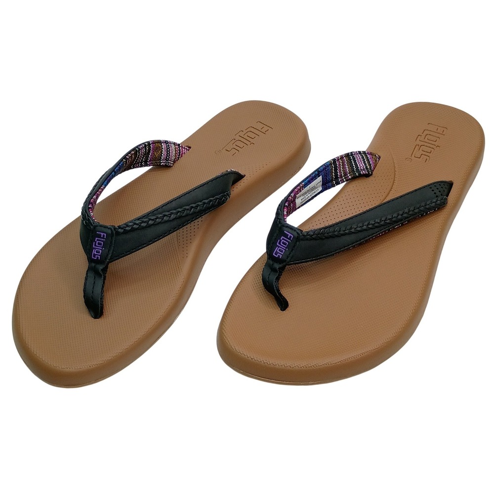 Flojos Fiesta Flip Flop Women Size 7 Black Tan Woven Strap Sandals